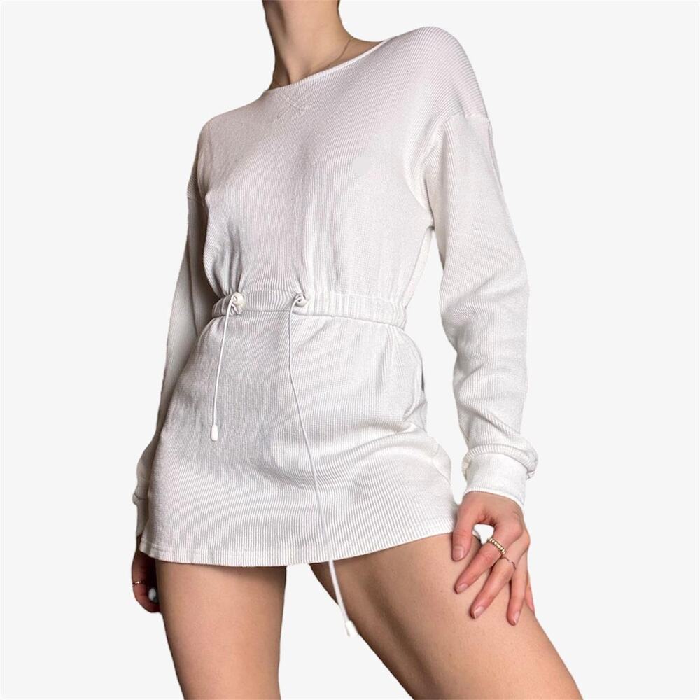 Princess Polly white ribbed mini dress drawstring